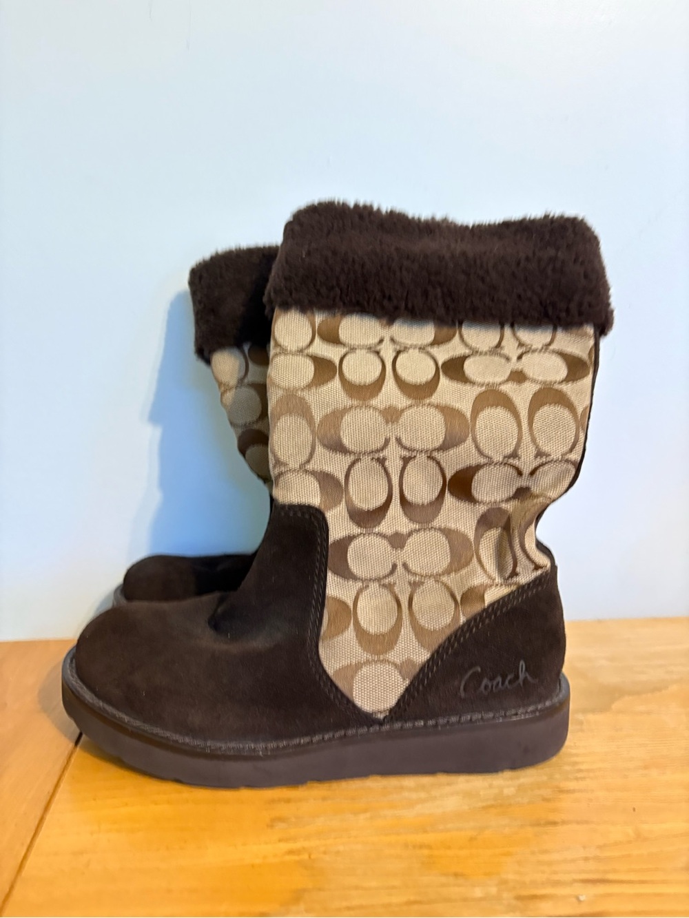 Coach Tan Monogram & Dark Brown Suede Shearling-Trim Winter Boots